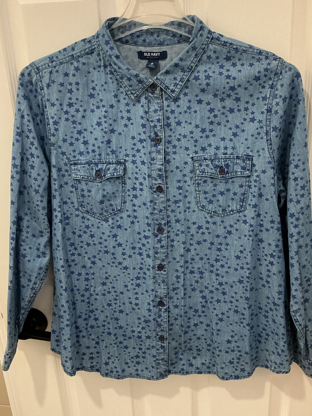Blue Star-Print Denim Button-Up Shirt